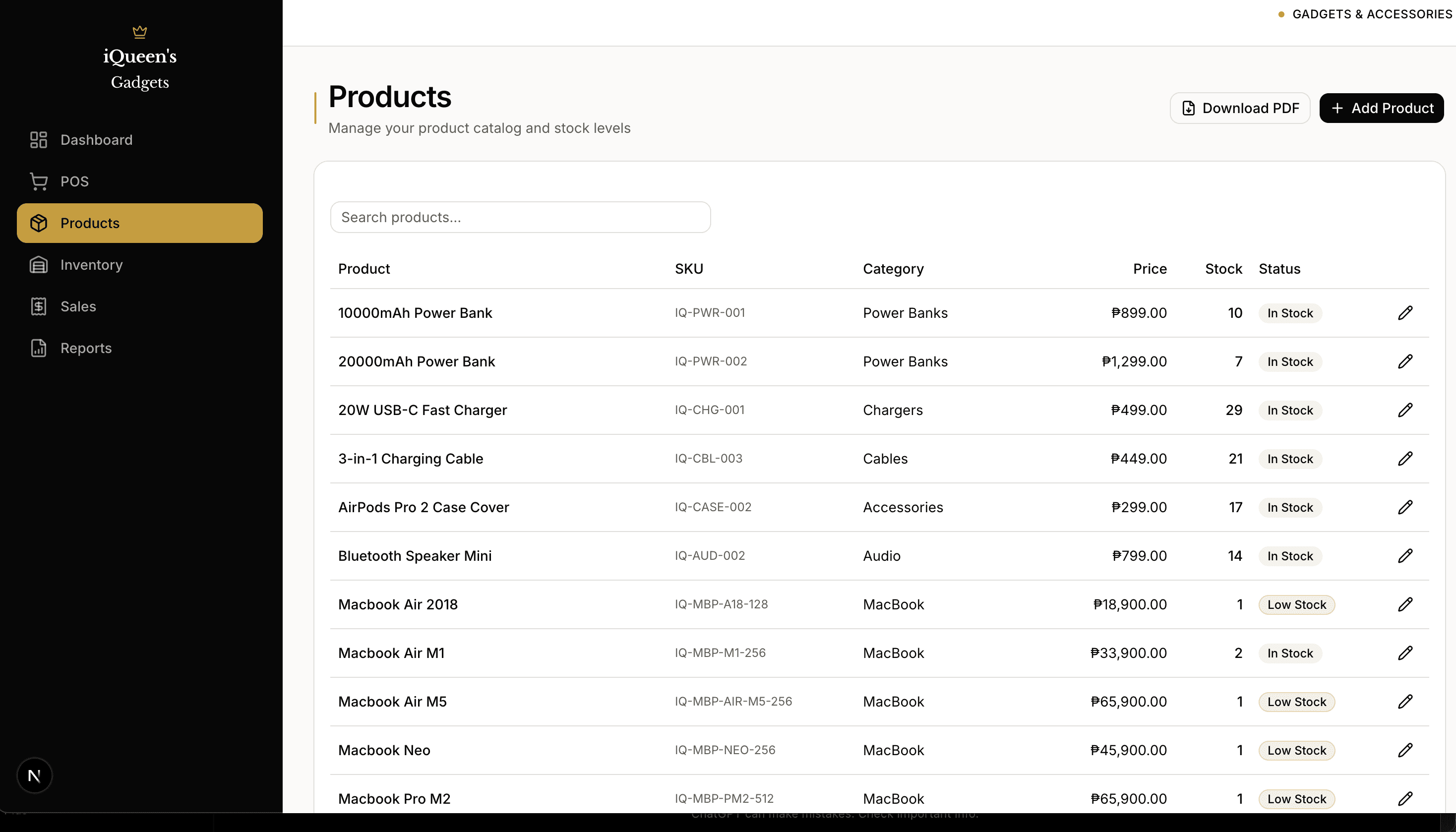 iQueen's Gadgets — Retail catalog & stock